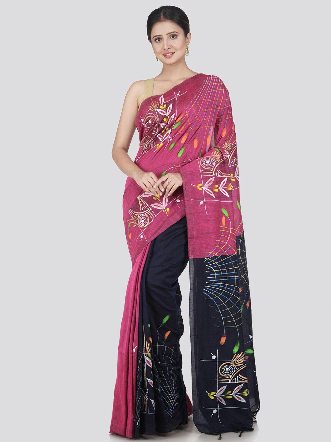 pinkloom pink & black floral pure cotton saree