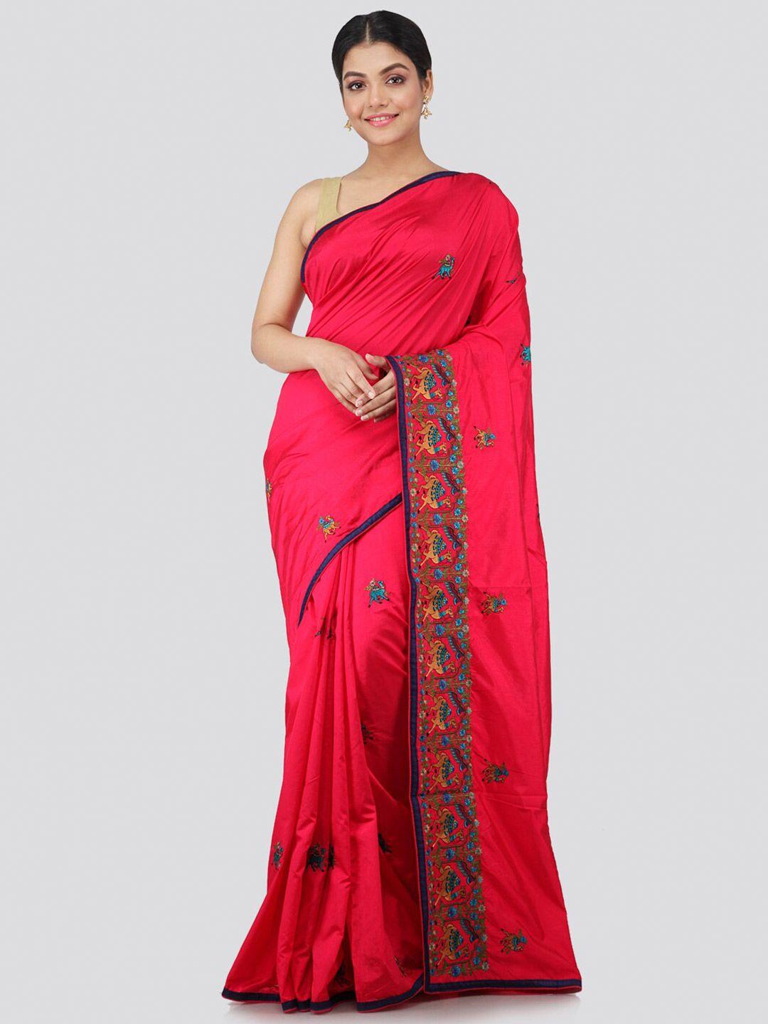 pinkloom pink & blue ethnic motifs pure silk saree