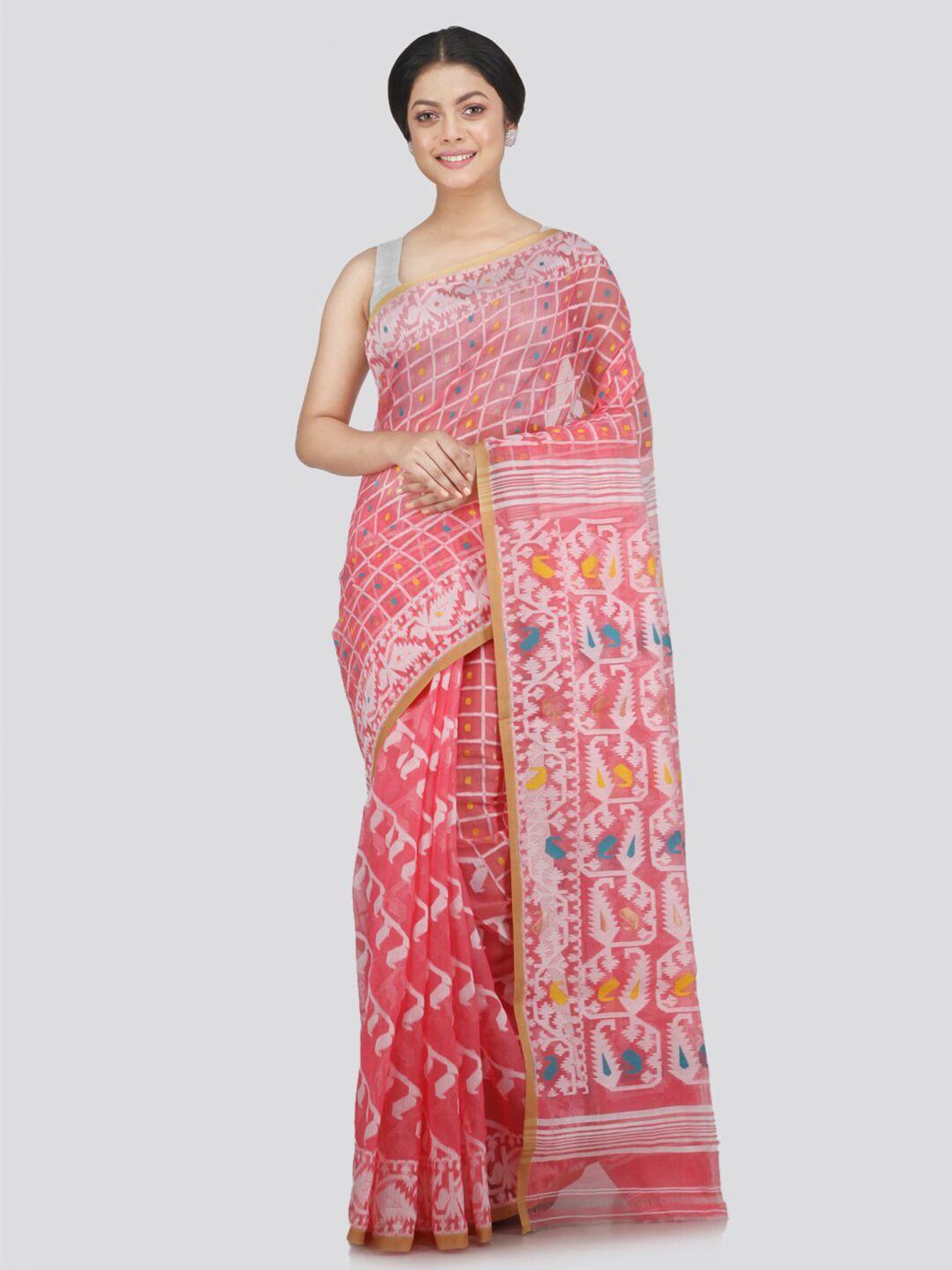 pinkloom pink & blue woven design pure cotton jamdani saree