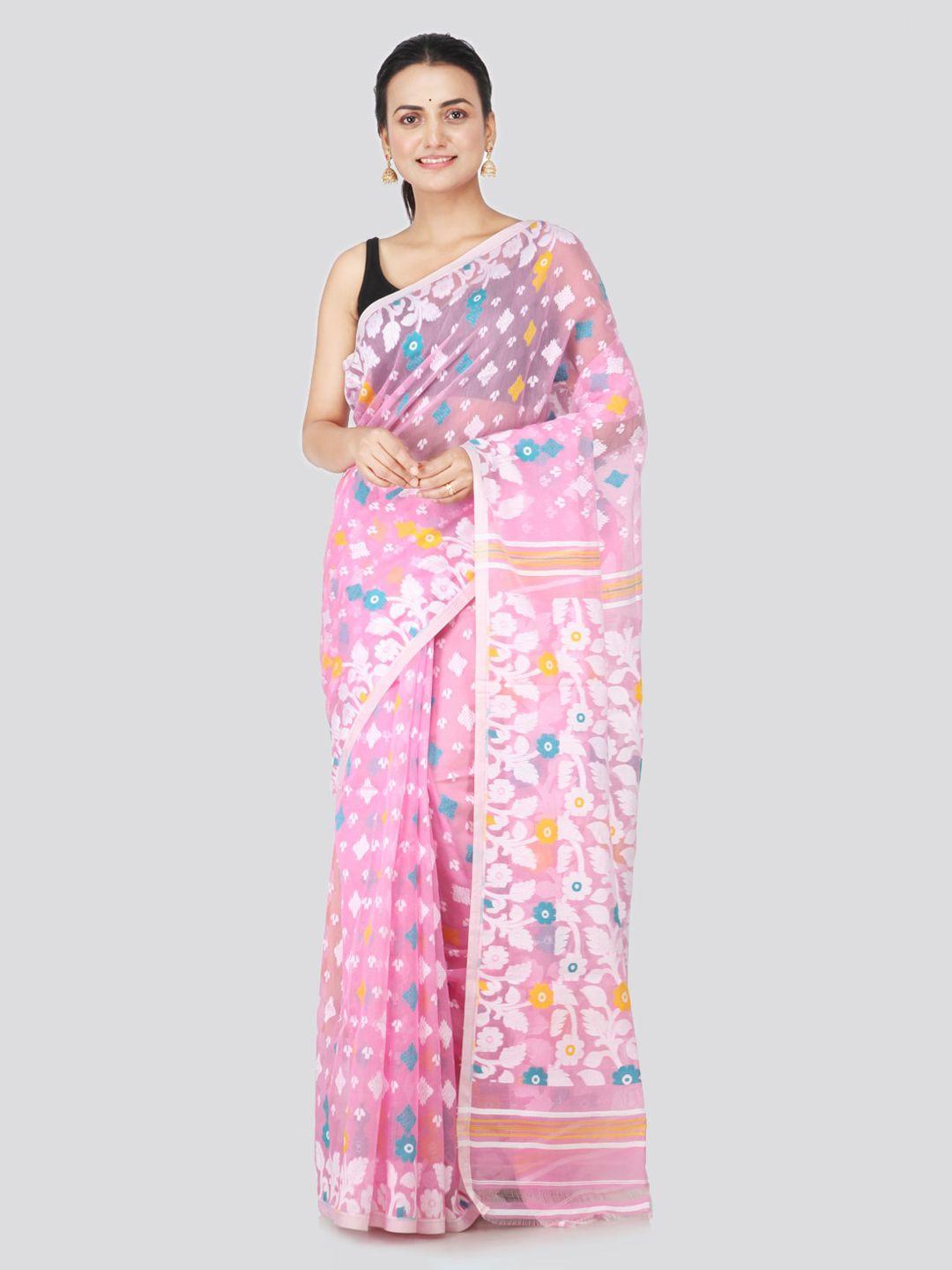 pinkloom pink & white pure cotton woven design handloom jamdani saree