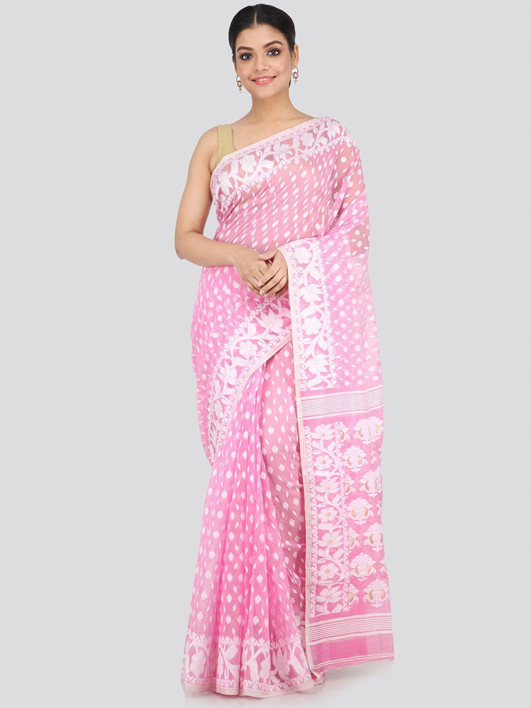 pinkloom pink & white silk cotton jamdani sustainable saree