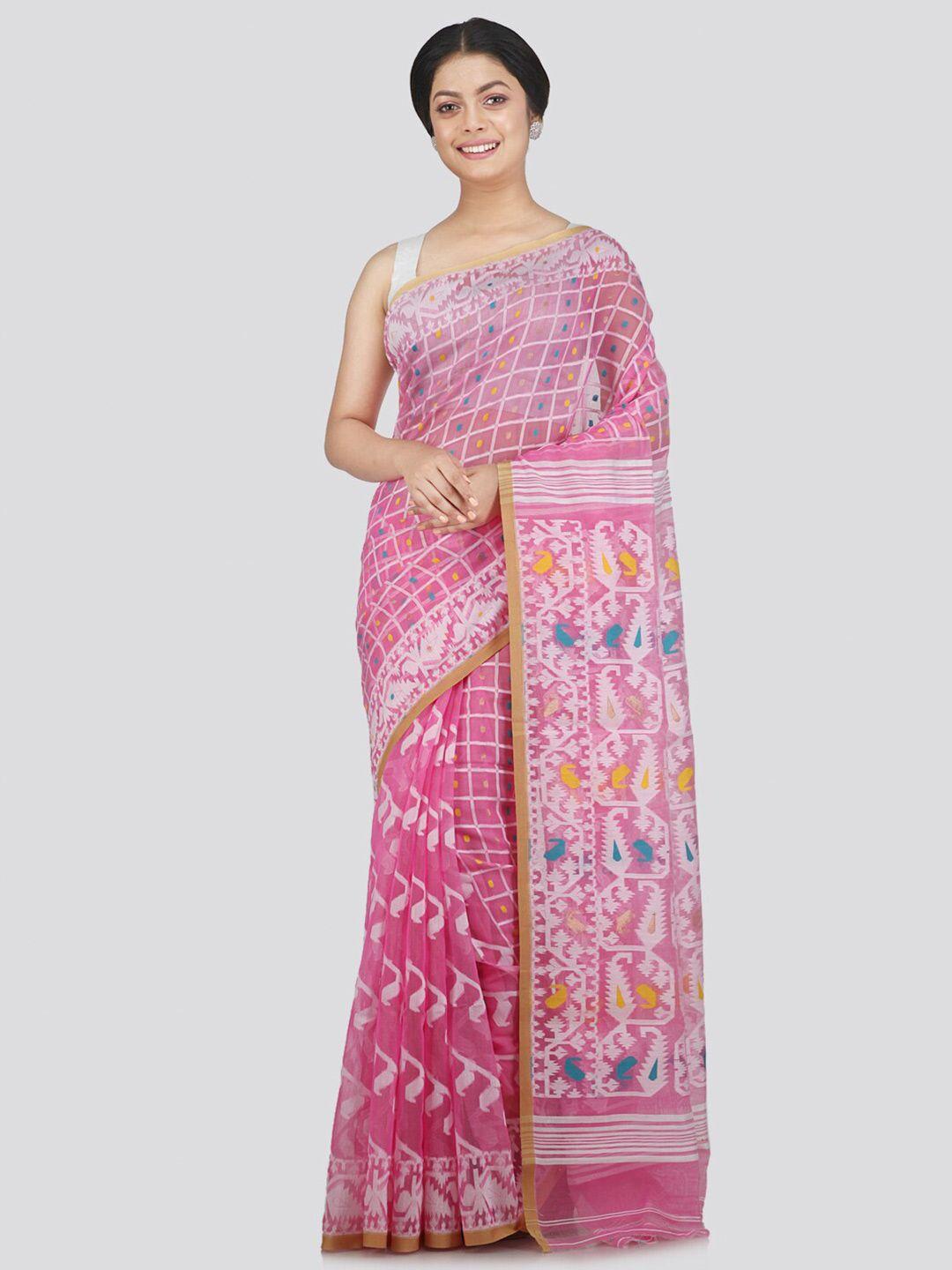 pinkloom pink & white woven design pure cotton jamdani saree