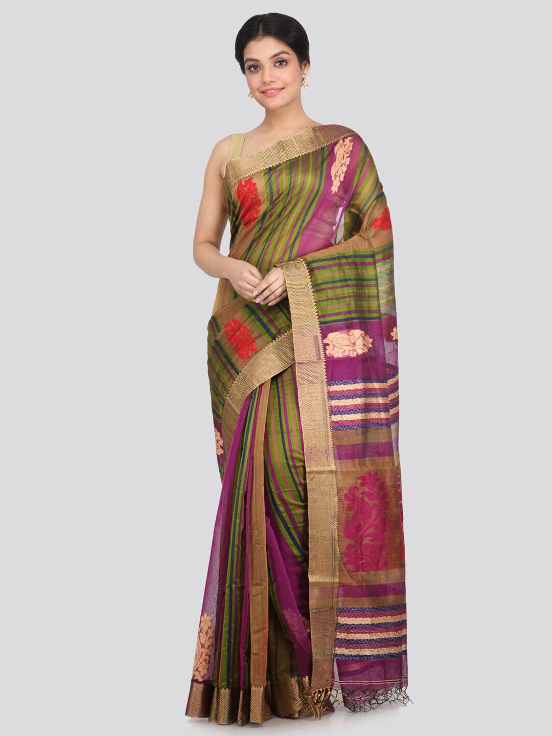 pinkloom purple & gold-toned woven design zari border saree