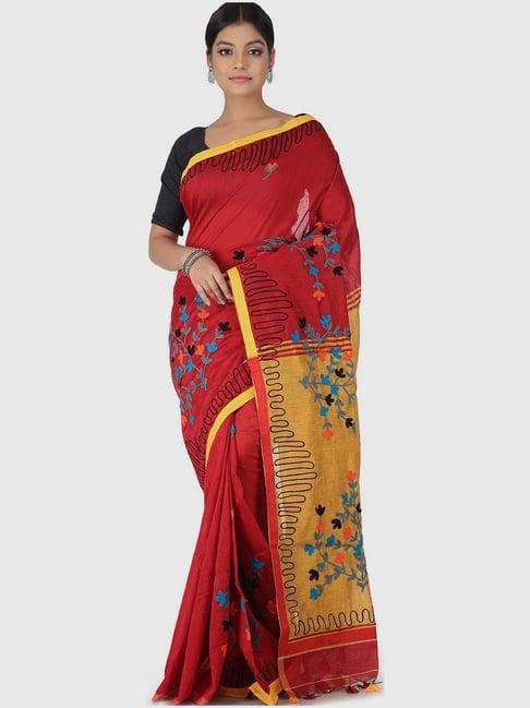 pinkloom red cotton embroidered saree with blouse