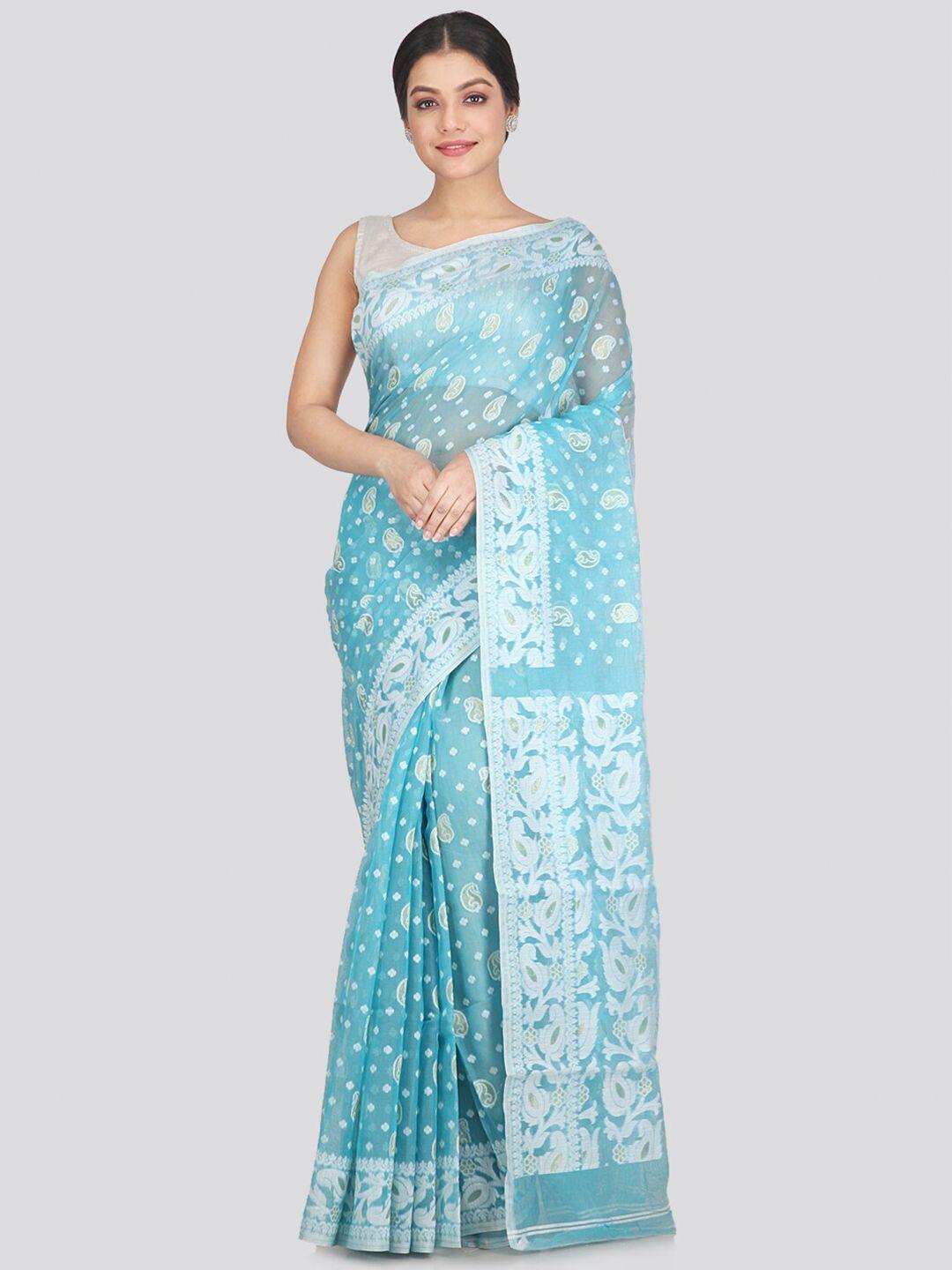 pinkloom turquoise blue & white woven design pure cotton jamdani saree