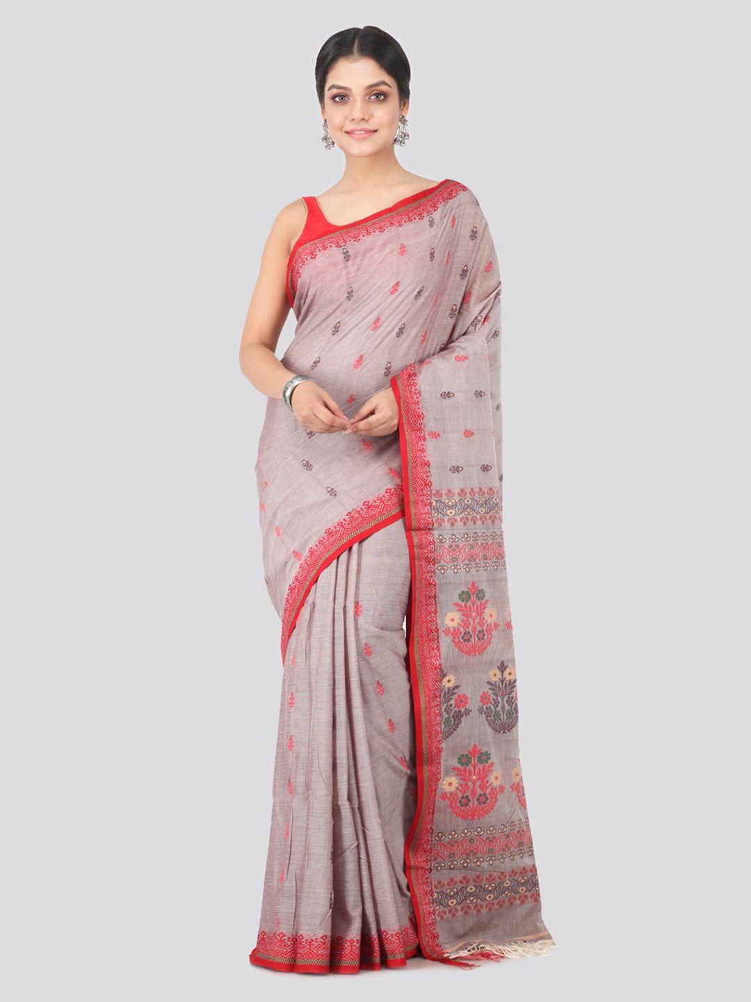 pinkloom violet & red pure cotton woven design handloom saree