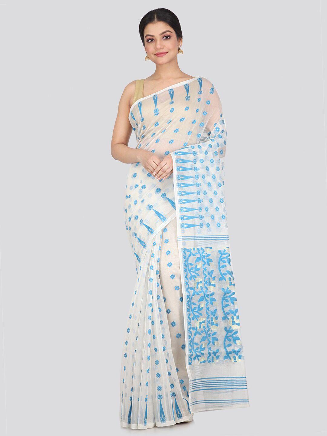 pinkloom white & blue woven design pure cotton jamdani saree