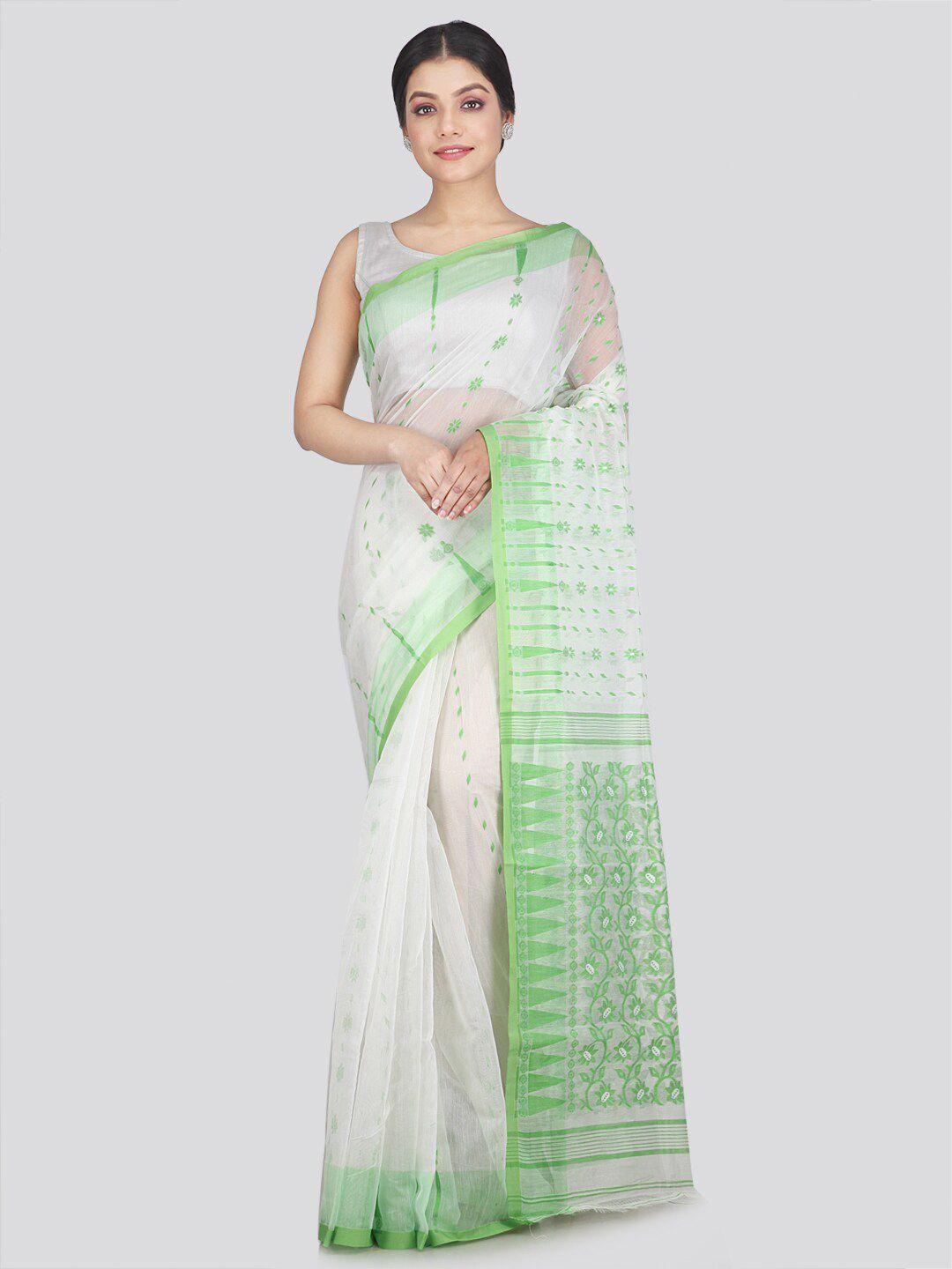 pinkloom white & green floral pure cotton jamdani saree