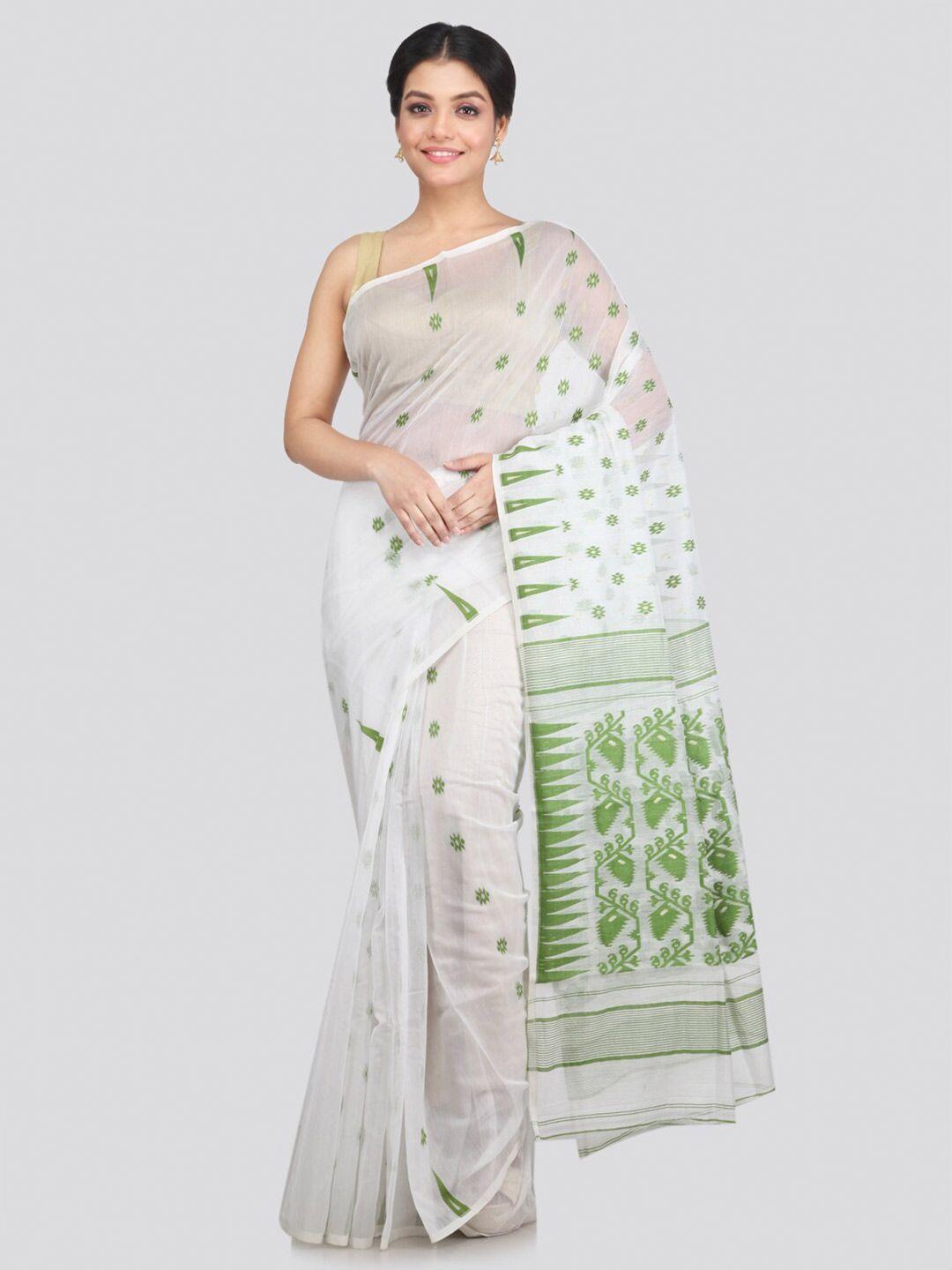 pinkloom white & green woven design pure cotton jamdani saree