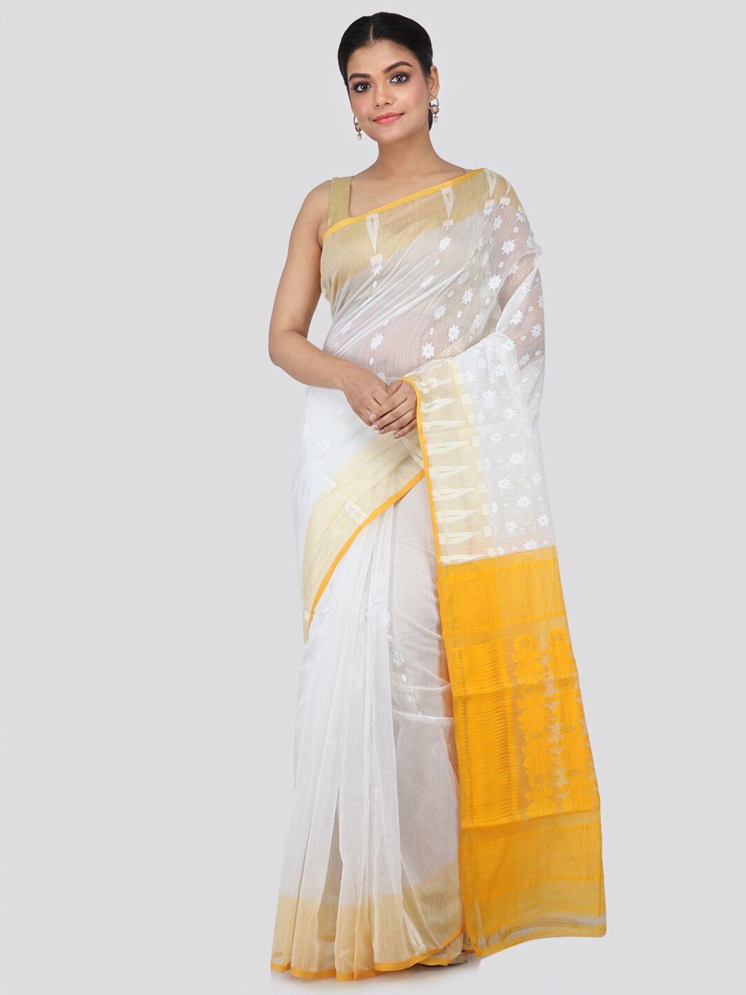 pinkloom white & mustard ethnic motifs silk cotton jamdani sustainable saree