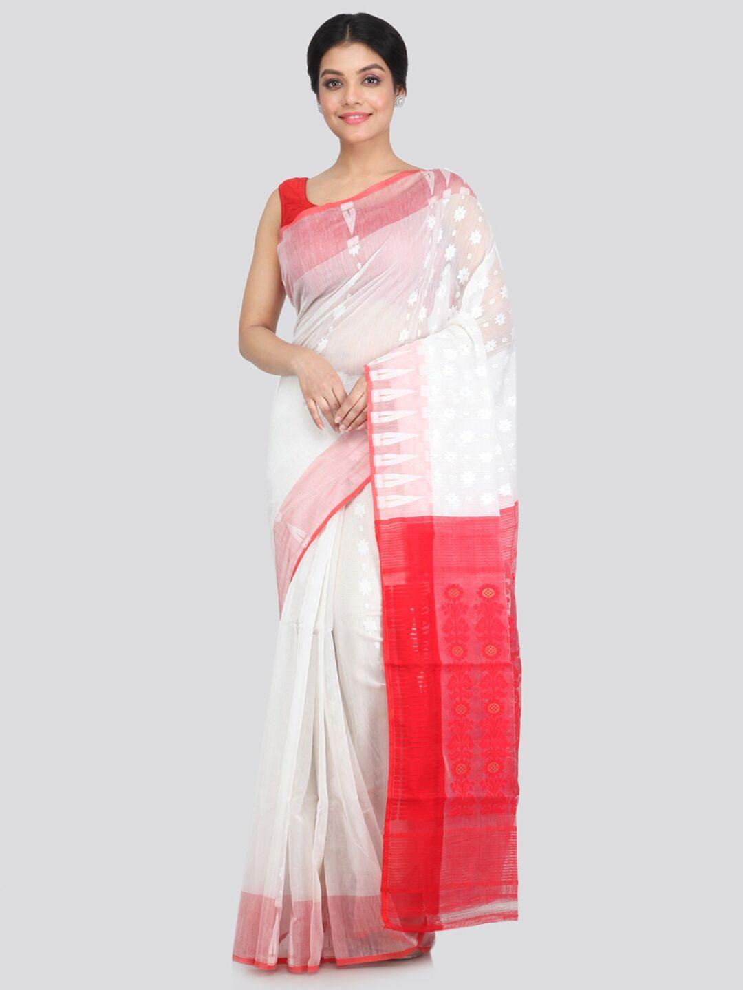 pinkloom white & red woven design pure cotton jamdani saree