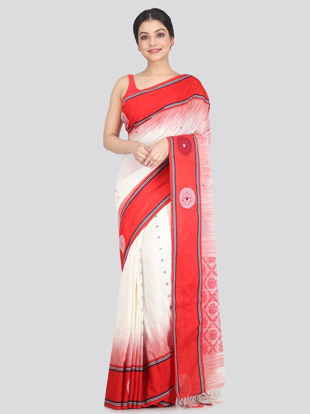 pinkloom white & red woven design pure cotton saree