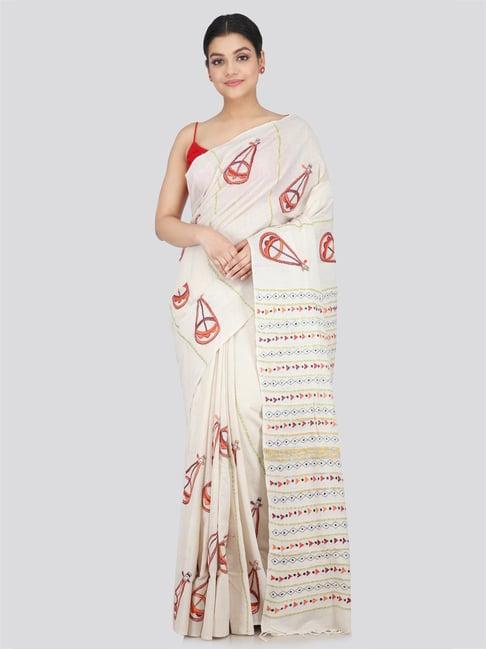 pinkloom white cotton embroidered saree with unstitched blouse