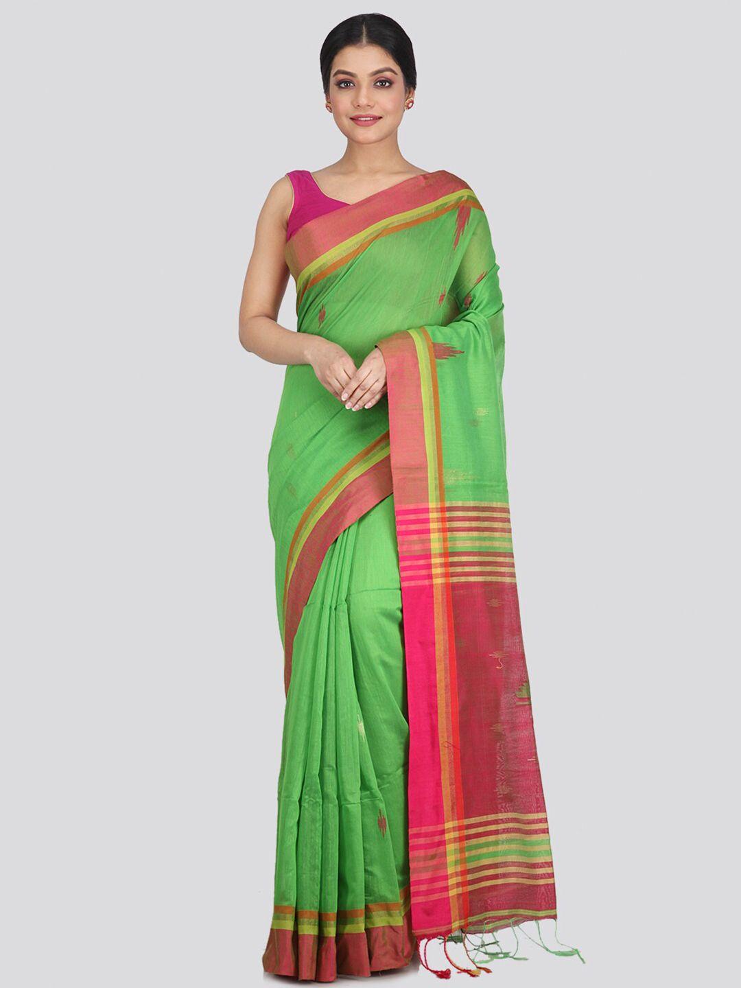 pinkloom women green & magenta cotton blend  woven design saree