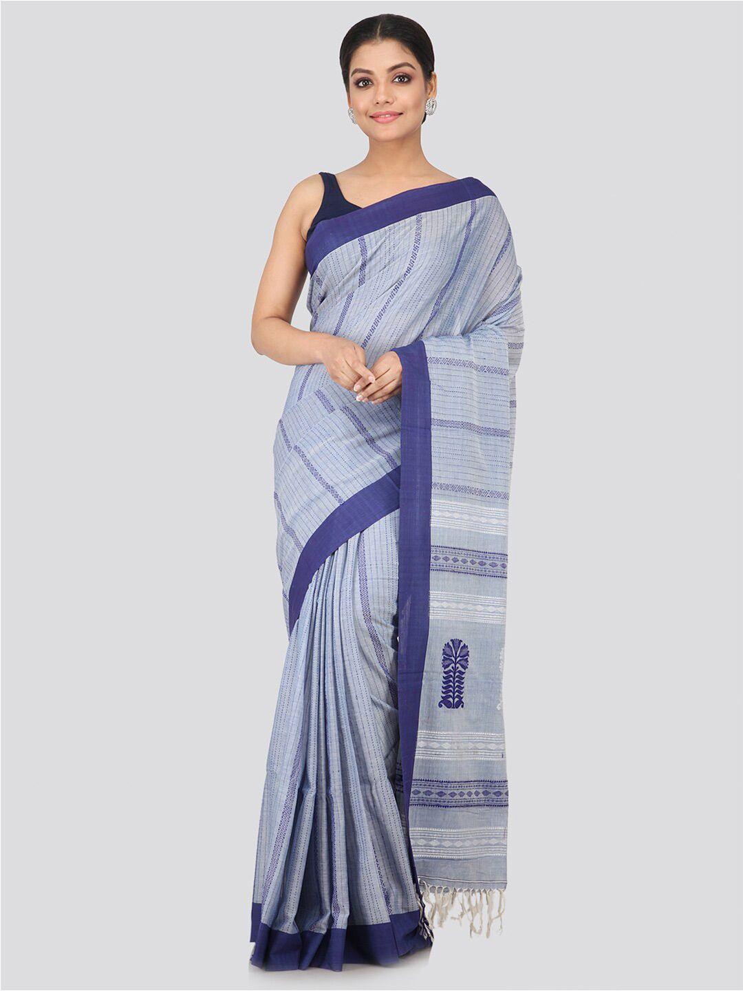 pinkloom women grey & blue pure cotton woven striped saree