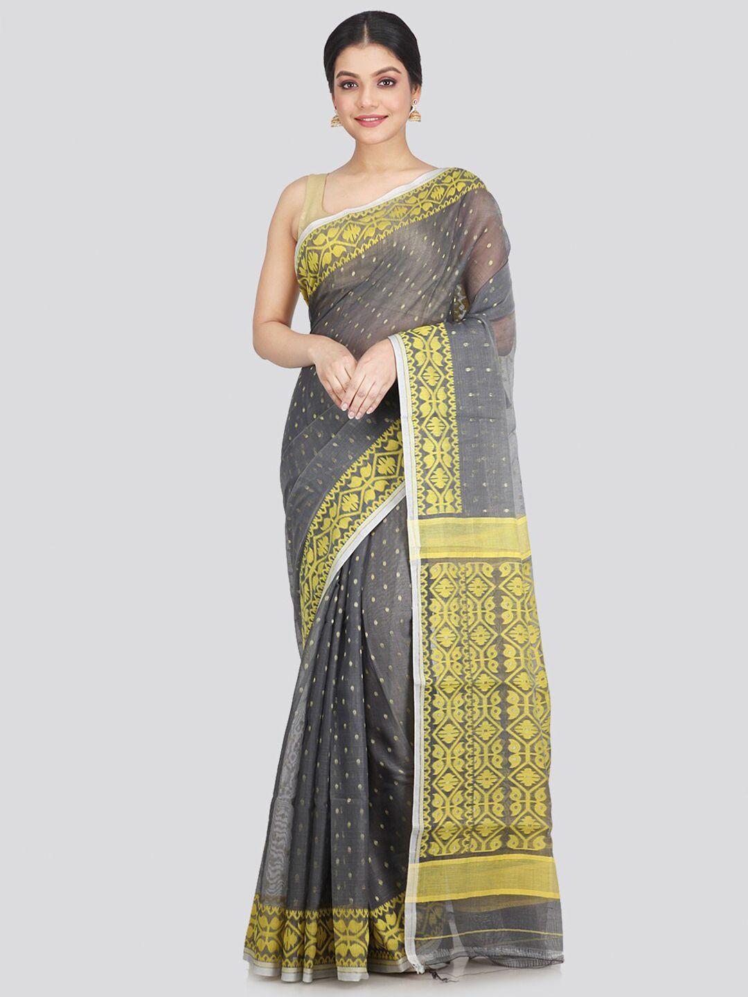 pinkloom women grey & yellow pure cotton jamdani woven design saree