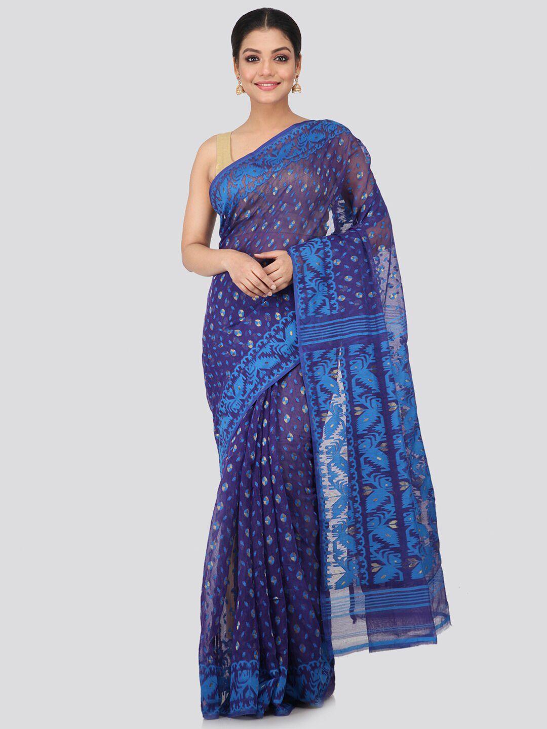 pinkloom women navy blue & blue pure cotton woven designed jamdani saree