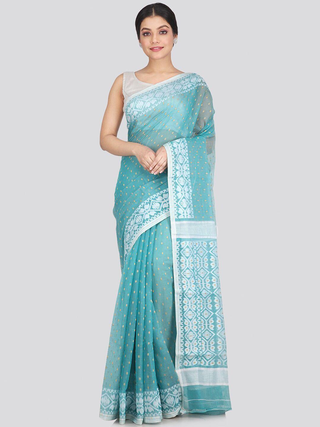 pinkloom women turquoise blue & white jamdani woven design saree