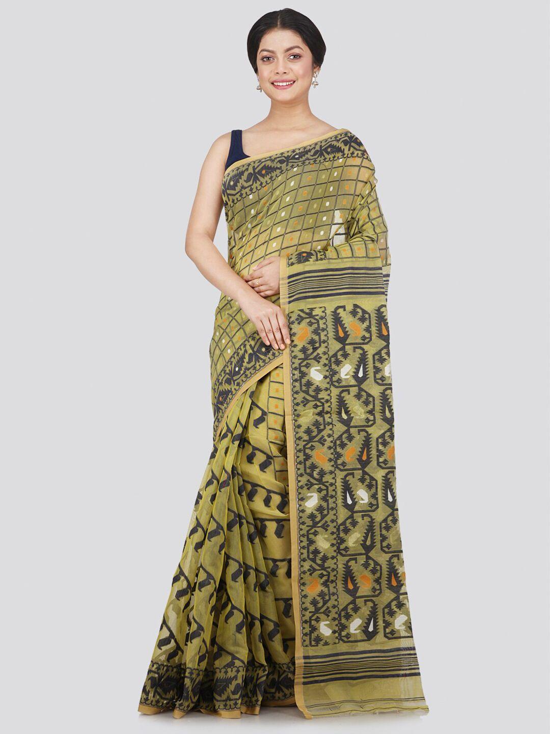 pinkloom yellow & black woven design pure cotton jamdani saree