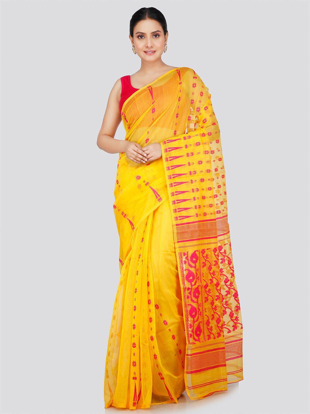 pinkloom yellow & magenta woven design pure cotton handloom jamdani saree