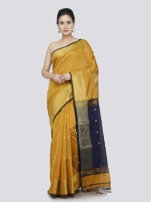 pinkloom yellow & navy woven saree with unstitched blouse