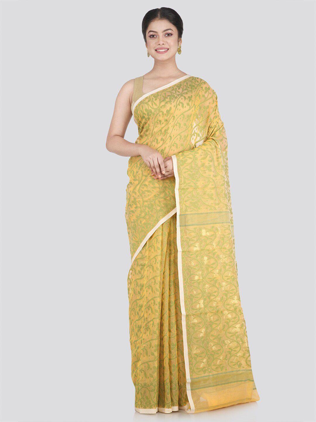 pinkloom yellow woven design pure cotton jamdani saree