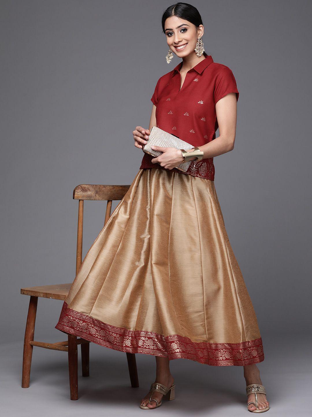 pinksky women maroon & beige printed top with skirt