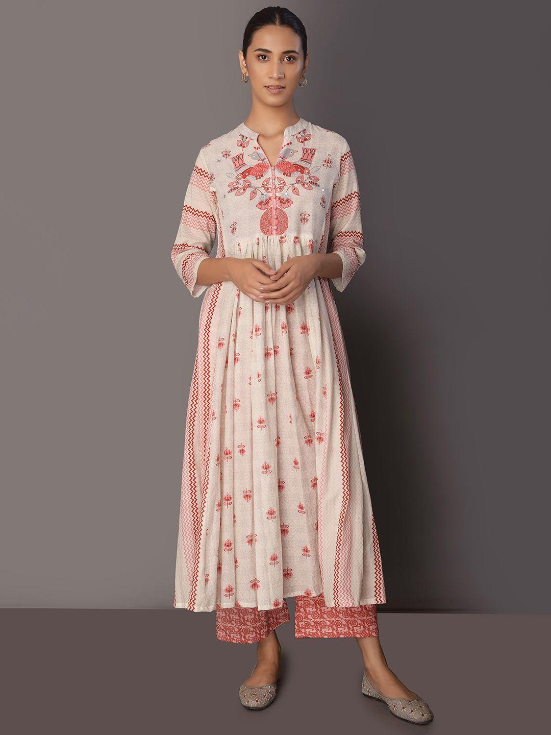 pinksky ethnic motifs printed mirror work cotton anarkali kurta