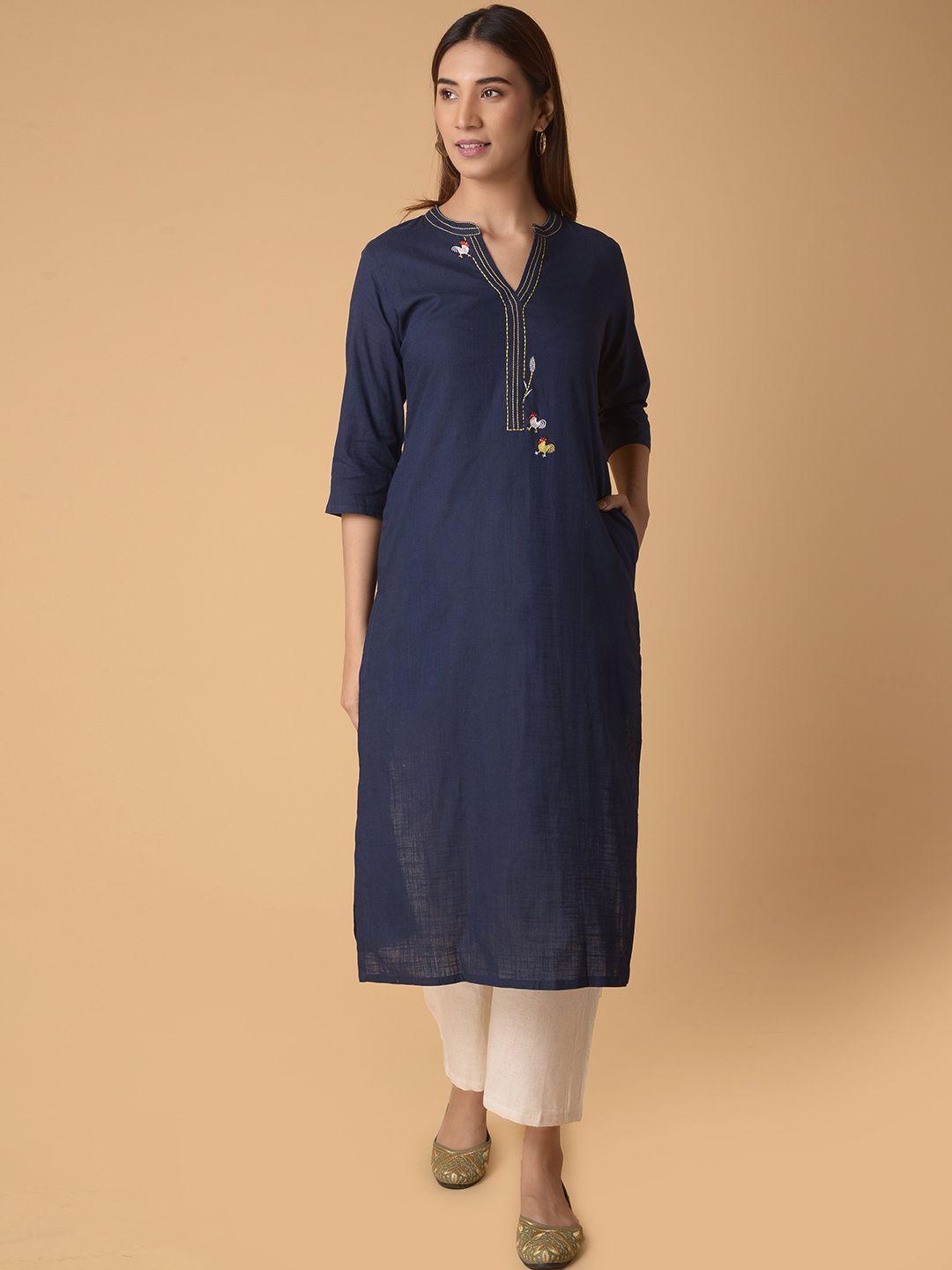 pinksky mandarin collar thread work pure cotton kurta