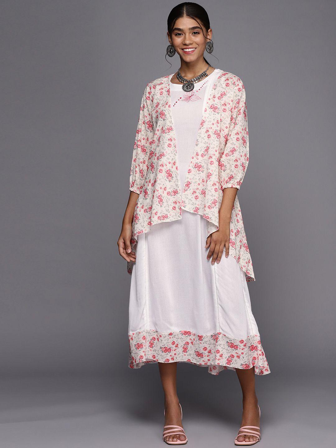 pinksky white & pink floral a-line midi dress