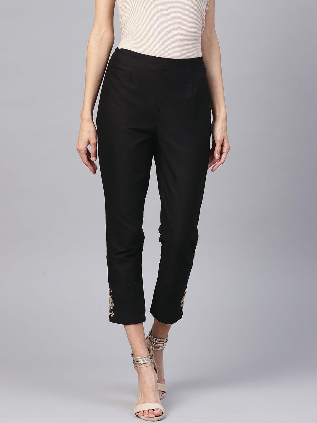pinksky women black smart slim fit solid regular cropped trousers