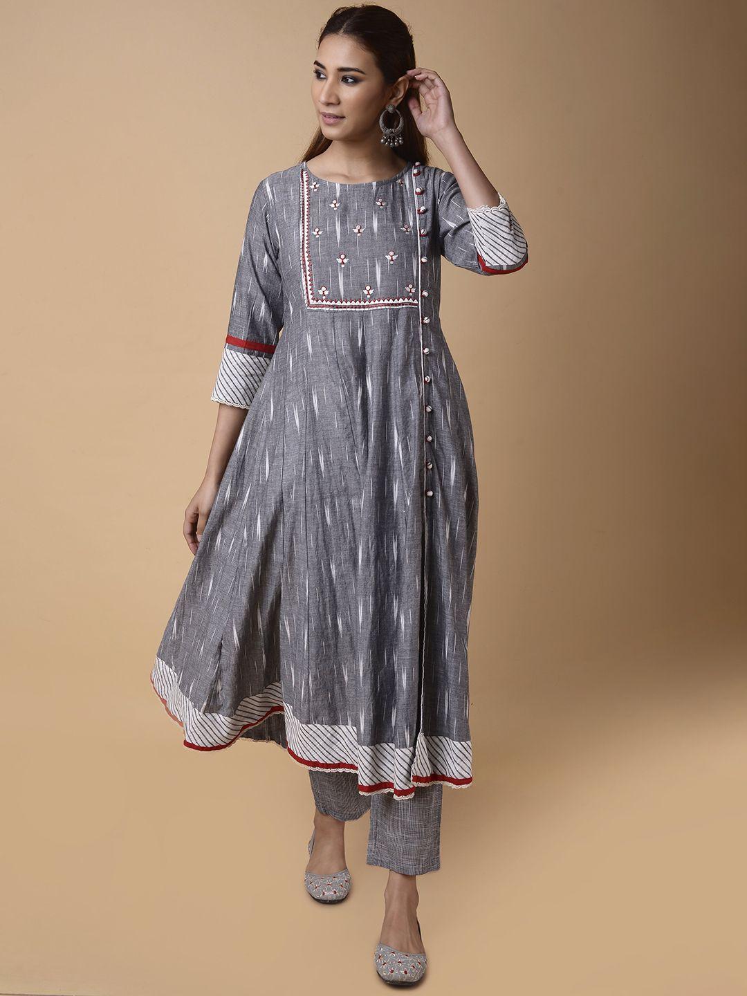 pinksky women grey & middle grey striped flared sleeves thread work anarkali kurta