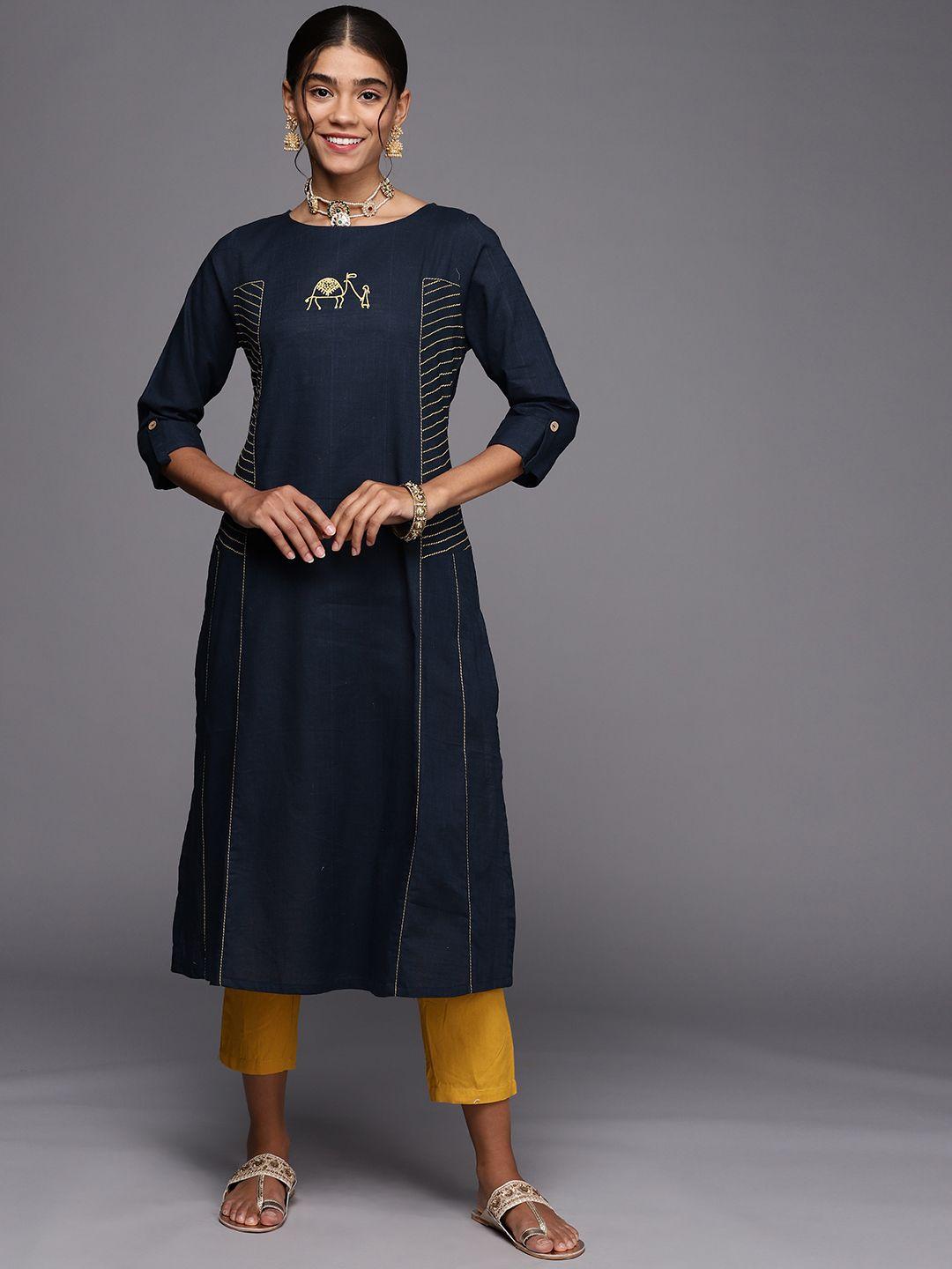 pinksky women navy blue embroidered thread work pure cotton kurta with trousers