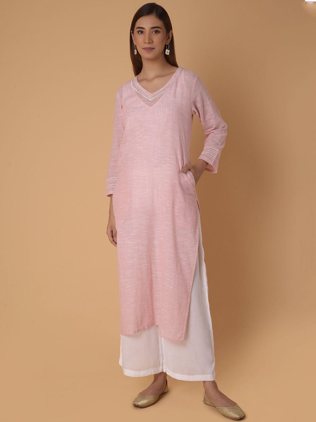 pinksky women pink & pastel pink flared sleeves thread work kurta