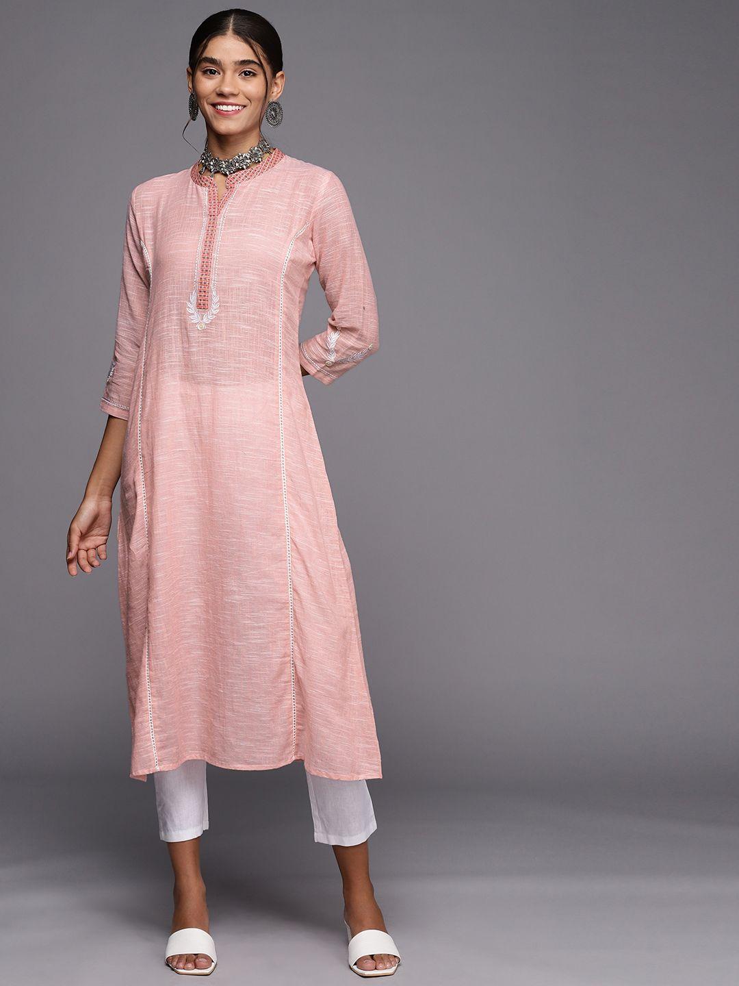 pinksky women pink ethnic embroidered pure cotton kurta with trousers
