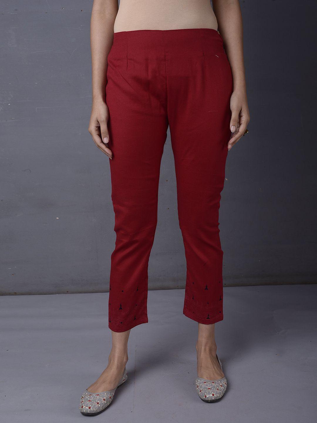 pinksky women red relaxed straight fit high-rise easy wash trousers