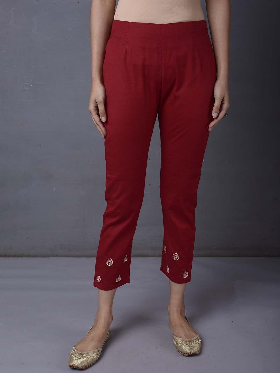 pinksky women red relaxed straight fit high-rise easy wash trousers