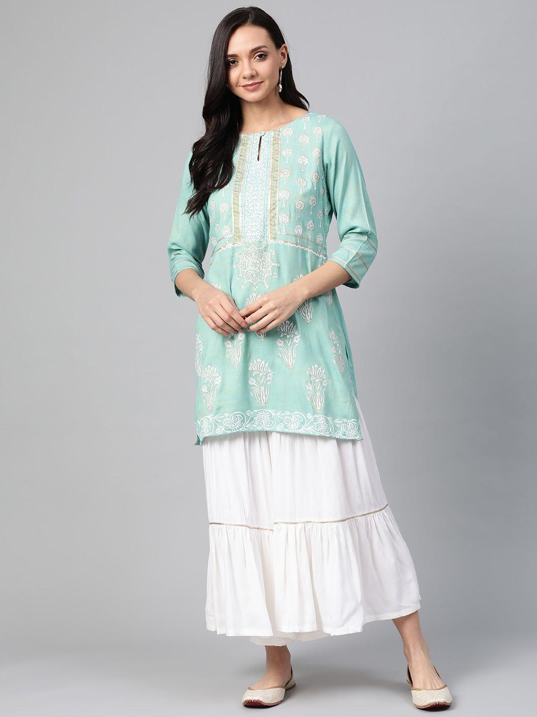 pinksky women sea green & white hand block print sustainable straight kurta with sharara