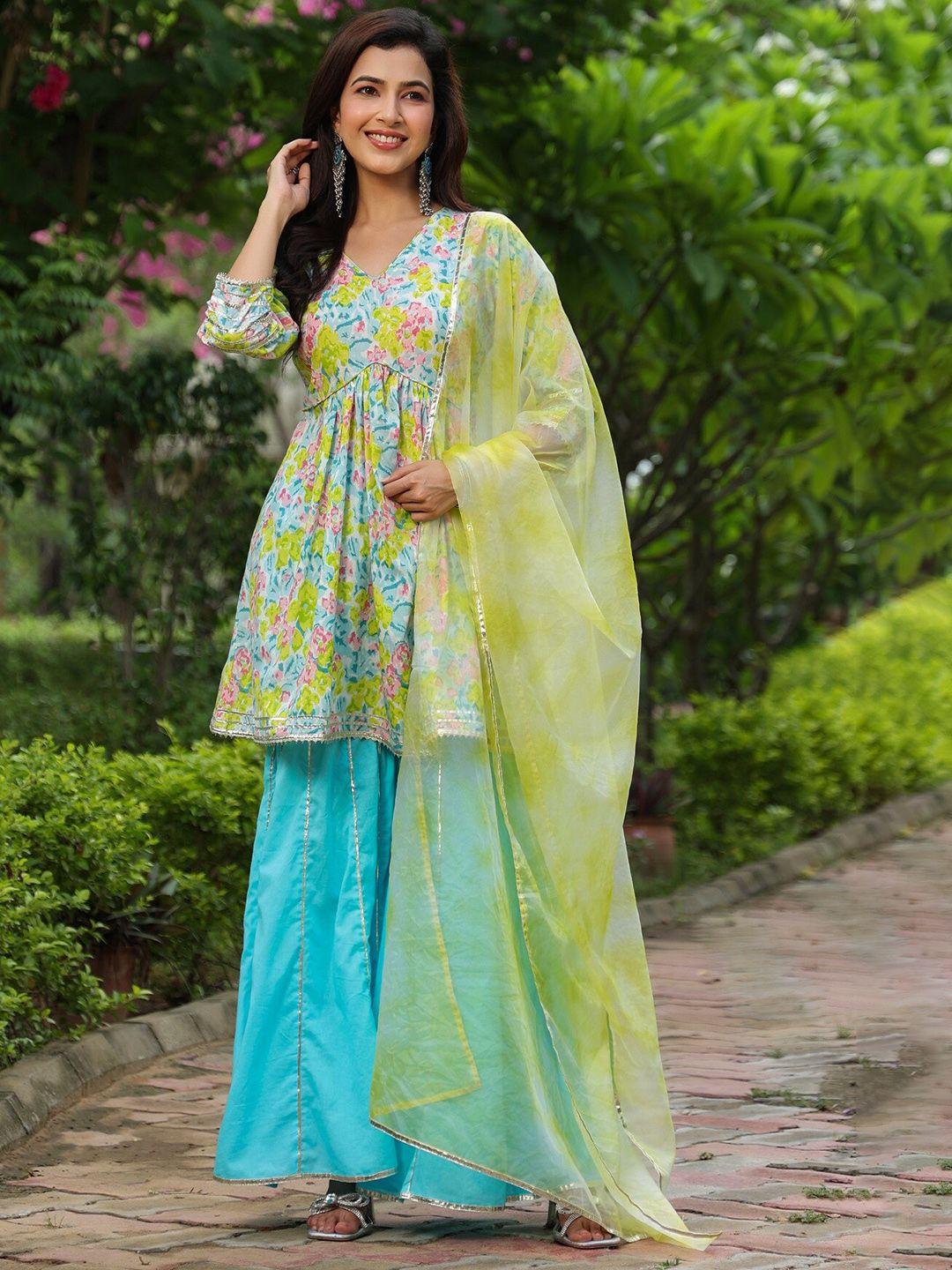 pinkville jaipur women green ethnic motifs printed empire gotta patti pure cotton kurta with sharara & with