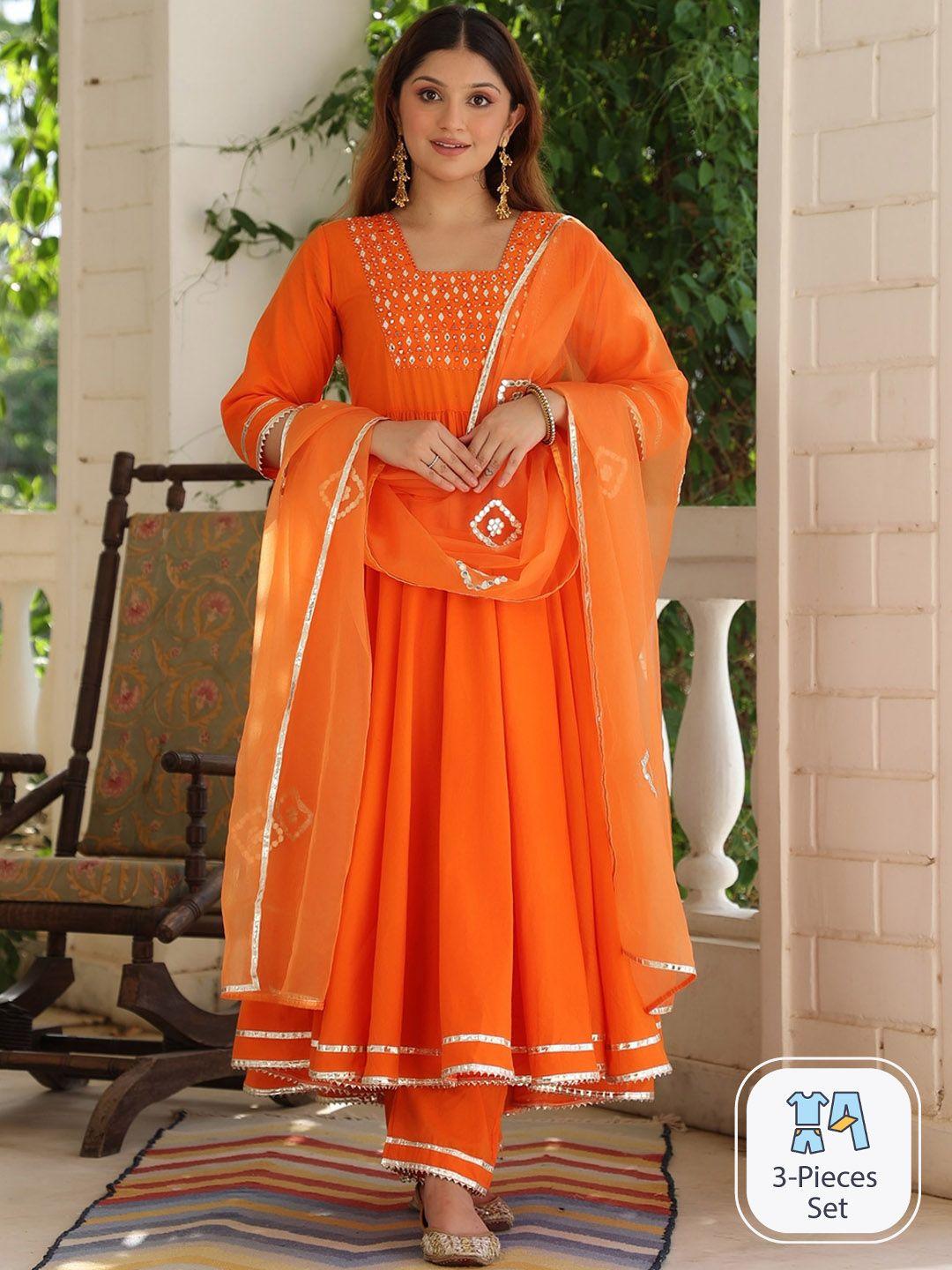 pinkville jaipur ethnic motif mirror work cotton anarkali kurta & trousers with dupatta