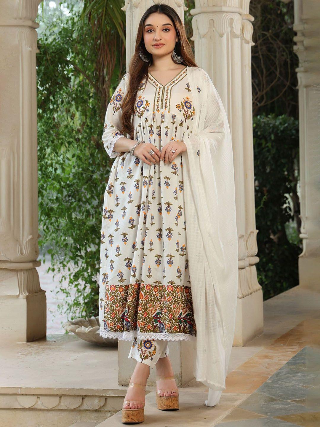 pinkville jaipur ethnic motifs printed empire pure cotton kurta with trousers & dupatta