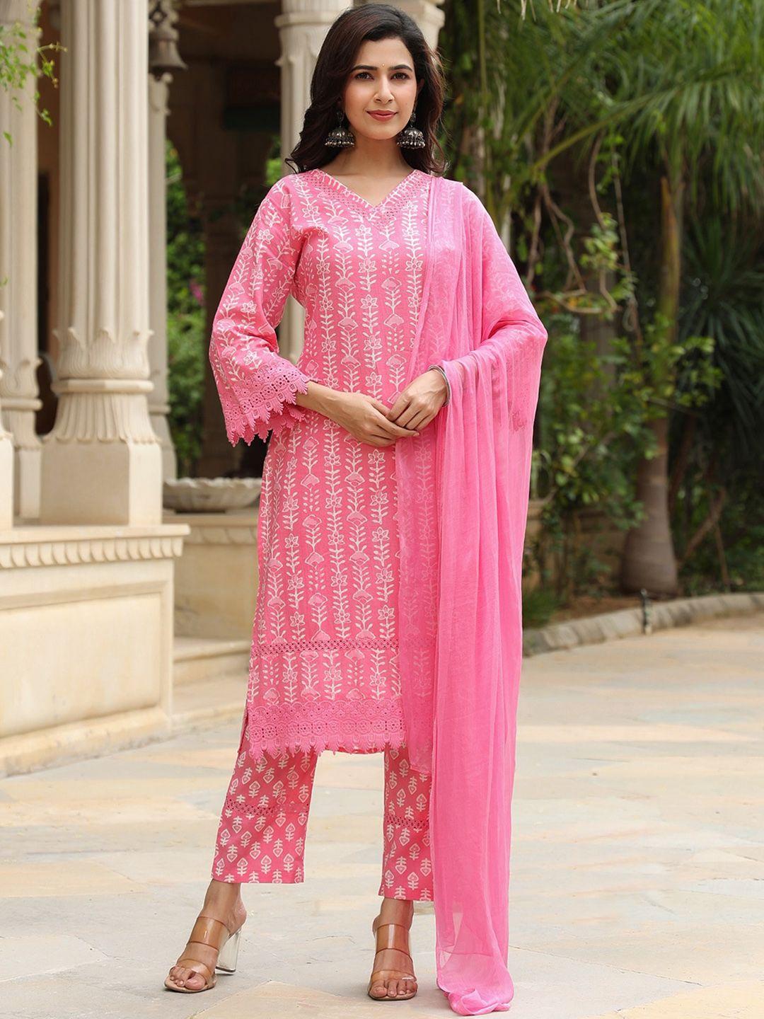 pinkville jaipur floral printed regular pure cotton kurta with trousers & dupatta