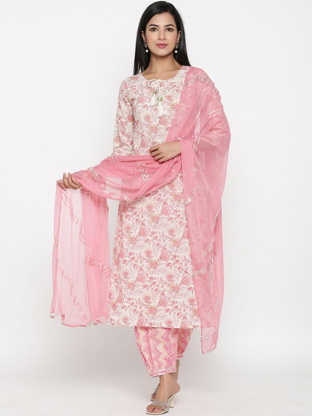 pinkville jaipur women off white floral embroidered pure cotton kurti with salwar & with dupatta