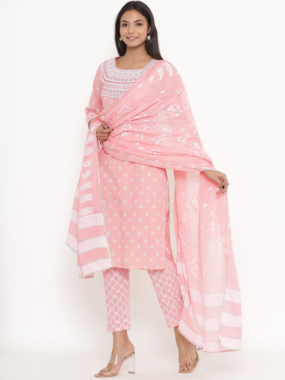 pinkville jaipur women pink ethnic motifs printed pure cotton kurta with trousers & with dupatta