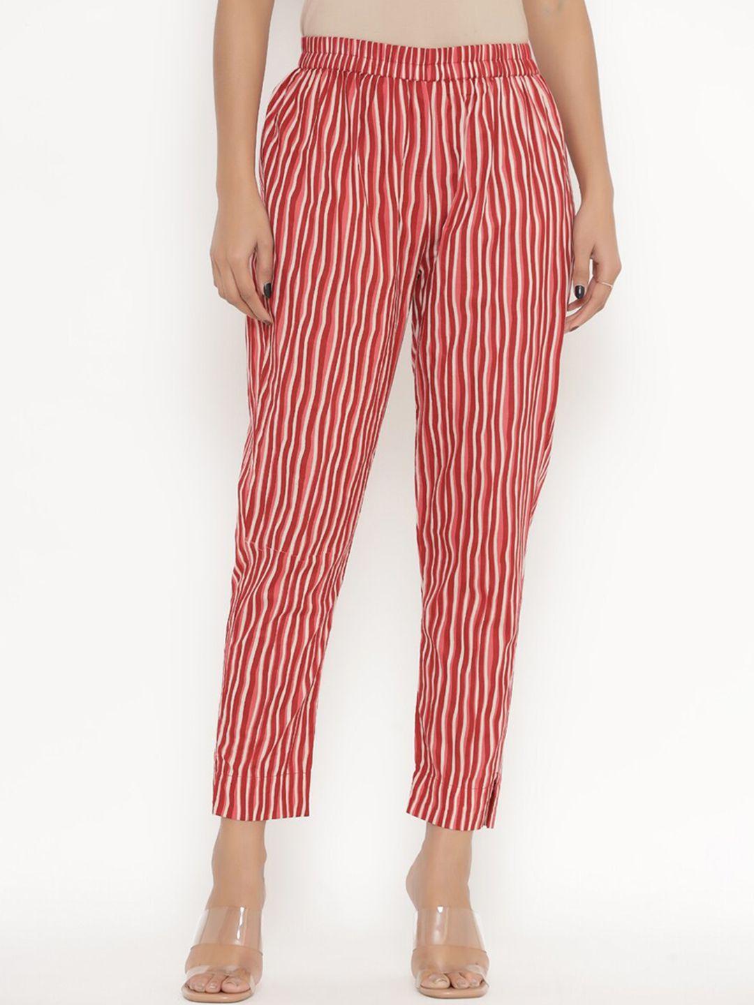 pinkville jaipur women red striped pleated trousers