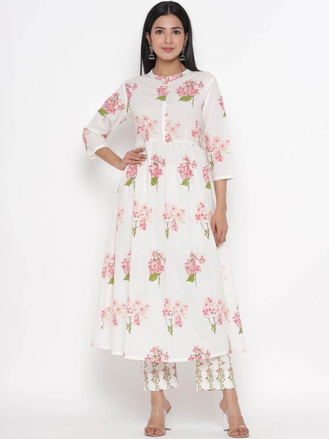 pinkville jaipur women white floral printed pure cotton kurta with trousers