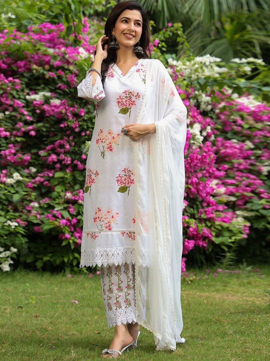 pinkville jaipur women white floral printed regular pure cotton kurta with trousers & with dupatta