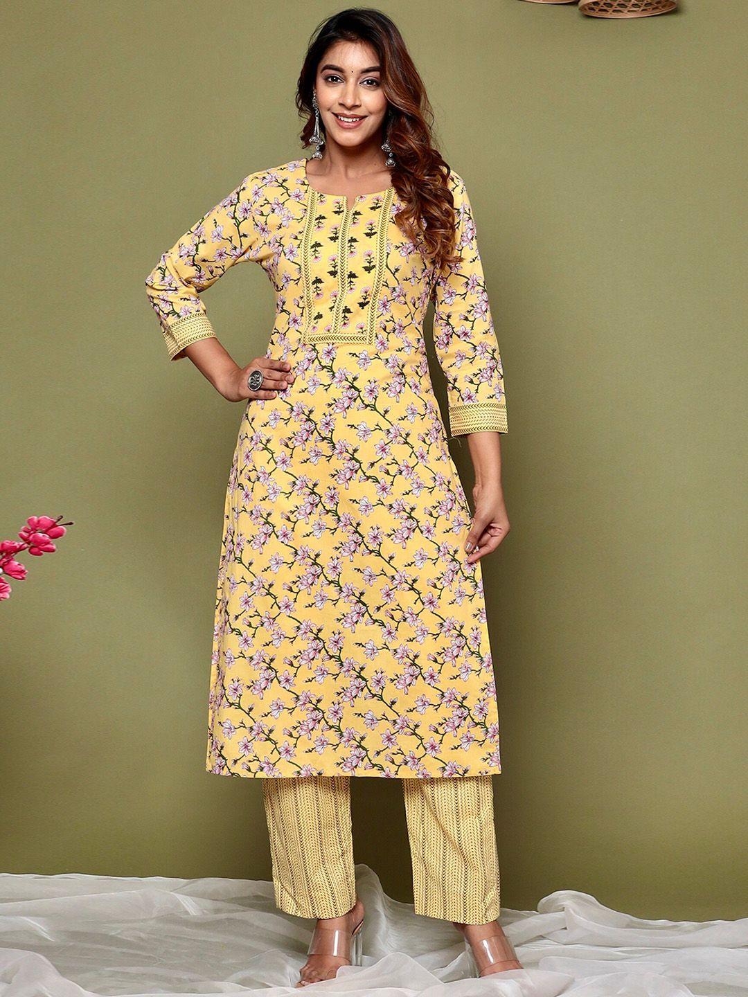 pinkville jaipur women yellow floral printed regular pure cotton kurta with trousers