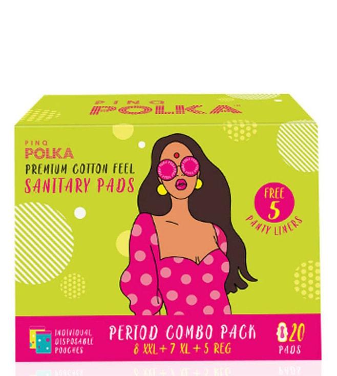pinq polka period combo pack - cotton ultra sanitary pads 8 xxl, 7 xl, 5 regular & 5 pantyliner