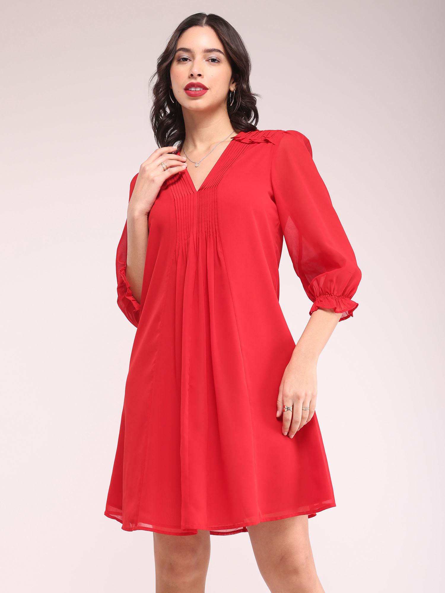 pintuck a-line dress - red